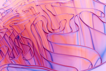 Glass pink waves, curved transparent layers. Abstract background 3d rendering