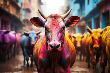 sacred cows of India walk on the street and people throw colorful paint on the cows to celebrate the festival of colors Holi - obrazy, fototapety, plakaty