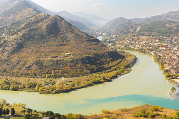 top view of the Kura River and the mountains from the Jvari Monastery   © Anna
