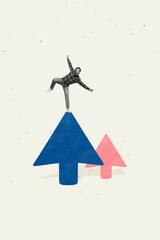 Vertical collage banner of funny worker guy determined open for new opportunities arrows increasing...