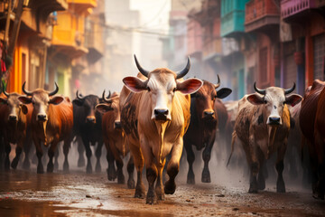 Indian cows walk along the street, celebrating the festival of colors and spring Holi, promotional...