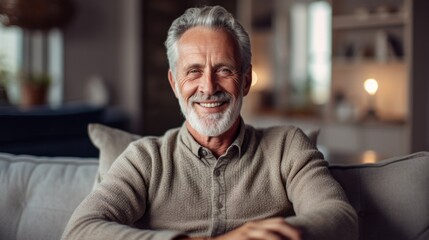 Senior gentleman enjoying a peaceful moment on his living room couch.