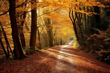  a dirt road in the middle of a forest with lots of leaves on the ground and trees with yellow leaves on the ground and trees with yellow leaves on the ground.