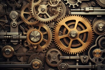  a close up of a bunch of gears on a wall with a clock face in the center of the gears and the center of the gears in the middle of the frame.