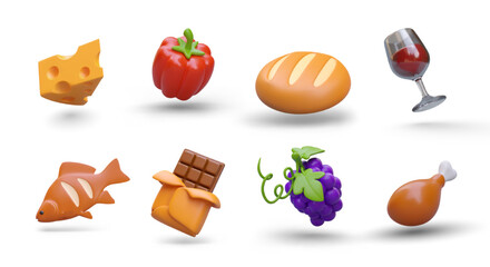 Collection with different healthy natural products. Round loaf, fish and chicken meat, fruits and vegetables. Foods and drinks. Vector illustration in 3d style