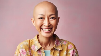 Joyful cancer survivor in pastel clothes strikes a pose in a serene studio environment. - obrazy, fototapety, plakaty