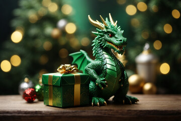 Chinese New Year 2024 greeting card with green dragon figurine and gift box nearby and bokeh on the background