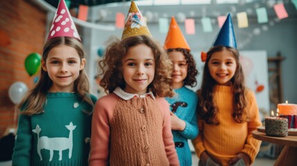 Fototapeta premium A cheerful group of kids marks the occasion with a joyous birthday celebration.