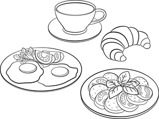 Set of Breakfast Dishes for Coloring. Vector Illustration of Coffee with Croissant, Scrambled Eggs with Tomato and Caprese Salad. Menu Design