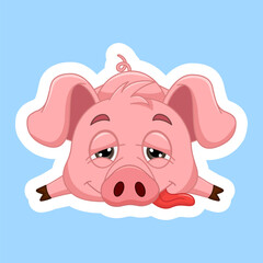 Sticker of a Tired Little Pig with His Tongue Sticking Out. Vector Illustration of Funny Cartoon Character for Children