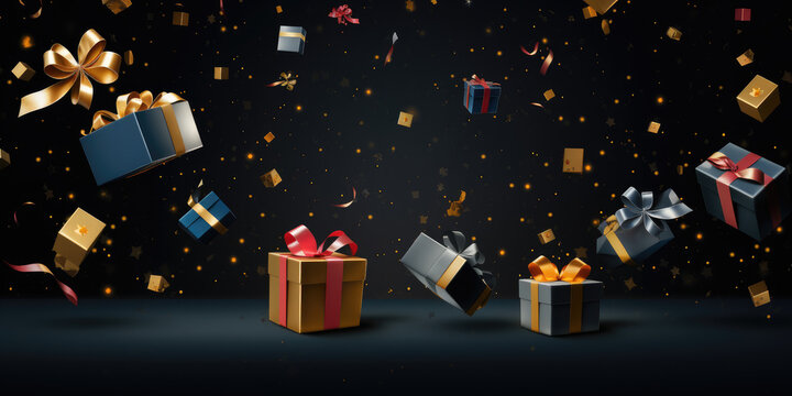 Holiday Celebration: Dark and Golden Background with Gifts, New Year/Christmas Card