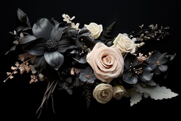  a close up of a bouquet of flowers on a black background with white, pink, and black flowers in the middle of the bouquet, and the middle of the flowers in the middle of the middle of the bouquet.