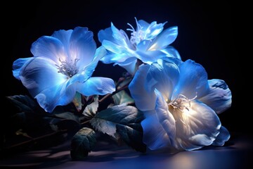 a group of blue flowers sitting on top of a black table next to a green leafy plant with a blue light coming from the center of the flowers in the middle of the center.