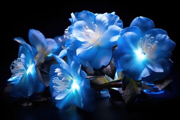  a group of blue flowers sitting next to each other on top of a black surface with a blue light shining through the middle of the petals and blue flowers in the middle of the petals.