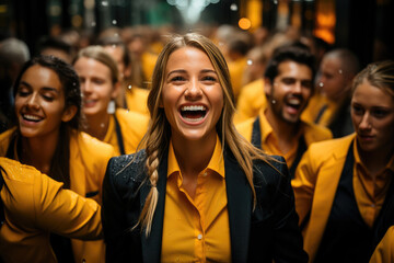 Obraz premium Joyful woman smiling brightly in a lively crowd of people wearing yellow outfits during a vibrant urban event.