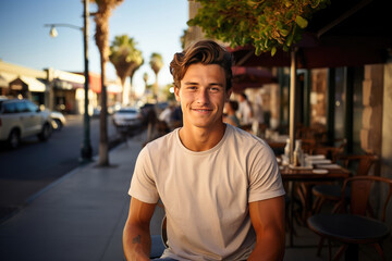 Portrait of a content young man smiling on an urban street, radiating confidence and a relaxed, happy lifestyle.