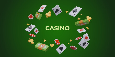 Horizontal online casino concept on green background. Frame of realistic game elements, place for text. Money, chips, cards. Modern gambling games, site and application advertising