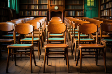 Fototapeta na wymiar Rows of empty wooden chairs in a vintage library setting with bookshelves in the background, conveying a quiet educational atmosphere.