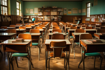 Empty vintage classroom with rows of wooden desks and chairs bathed in warm sunlight, depicting a quiet learning environment.