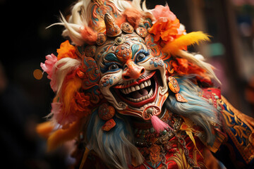 Obraz premium Vibrant traditional mask at a cultural festival, showcasing intricate design and rich heritage.