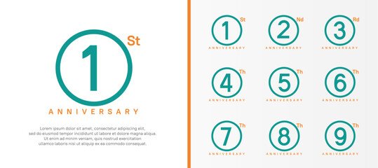 set of anniversary logo green color number in circle and orange text on white background for celebration - obrazy, fototapety, plakaty