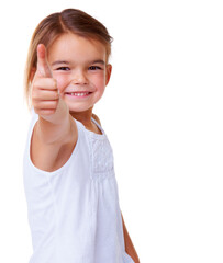 Fototapeta premium Portrait, smile and thumbs up with a girl child in studio isolated on a white background for support. Face, thank you and success with an adorable young kid showing a hand gesture for motivation