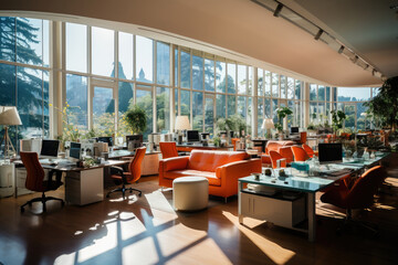 A modern and stylish office space with large windows, bathing the room in natural sunlight and offering a panoramic city view.