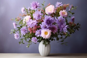  a white vase filled with purple flowers on top of a wooden table with a purple wall in the back ground and a purple wall in the back ground behind the vase.