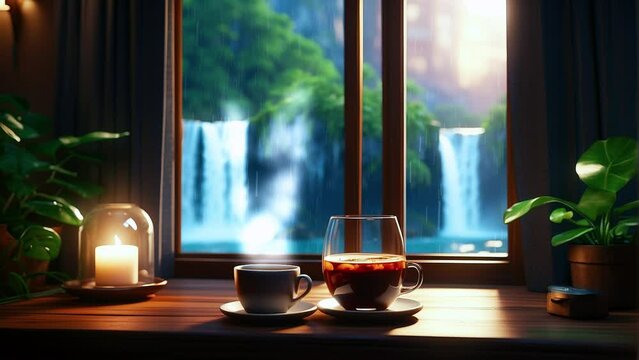 Luxury living room with a table and hot coffee cup with a view of waterfall and rain Through the big glass window.