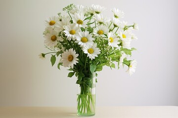  a green vase filled with white daisies on top of a wooden table with a white wall behind it and a white wall behind the vase with yellow and white daisies.