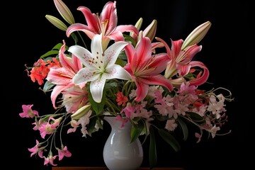  a white vase filled with lots of pink and white flowers on top of a wooden table in front of a black background with a black back drop of a black background.