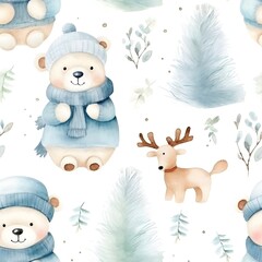 Watercolour with cute baby bear and deer cartoon animal portrait design for Winter holiday