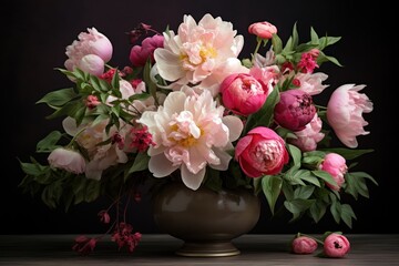  a vase filled with lots of pink and white flowers on top of a wooden table next to a couple of pink and white peonies on a black background.