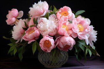  a vase filled with lots of pink flowers on top of a purple table cloth and a black wall behind the vase is a bouquet of white and pink peonies.