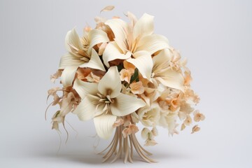  a bridal bouquet of white and orange flowers on a white background with room for text on the left side of the bouquet, the center piece of the bouquet.