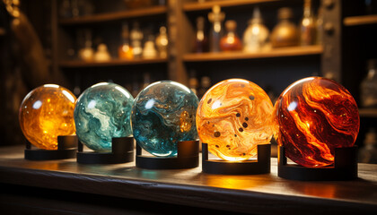 Obraz premium Glowing light bulb illuminates dark table with creativity and ideas generated by AI