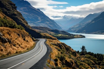  a view of a mountain road with a lake in the middle of the road and mountains in the distance with a blue sky with white clouds in the foreground.