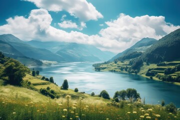 Fototapeta na wymiar a large body of water surrounded by lush green hills and a lush green valley filled with wildflowers under a cloudy blue sky with fluffy white fluffy white clouds.