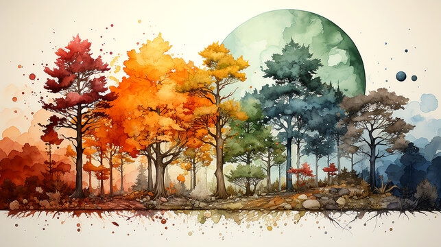 Watercolor illustration seasons, abstract forest landscape