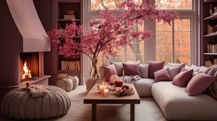 Modern large living room in pink tones with furniture and indoor plants, large bright windows