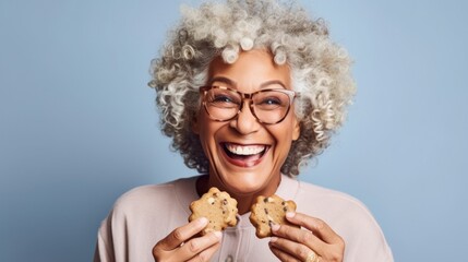 Delightful image of a senior woman happily eating a cookie in a studio.