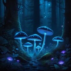 Fototapeta na wymiar Dark mystery forest where bioluminescent mushrooms emit an otherworldly glow and casting an ethereal light on the surroundings, Mushroom neon illustration in dark background. Generated By AI