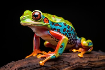  a brightly colored frog sitting on top of a piece of wood on top of a piece of wood that has been placed on top of a piece of a piece of wood. - obrazy, fototapety, plakaty