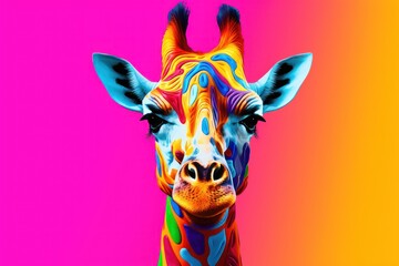  a close up of a giraffe's face with a multicolored pattern on it's face and a pink, yellow, blue, orange, pink, pink, and green, and pink background.