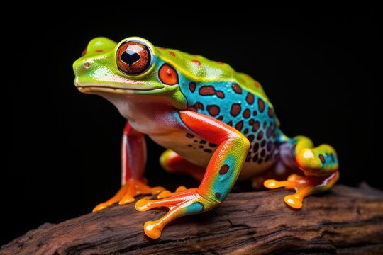  a brightly colored frog sitting on top of a piece of wood on top of a piece of wood that has been placed on top of a piece of a piece of wood.