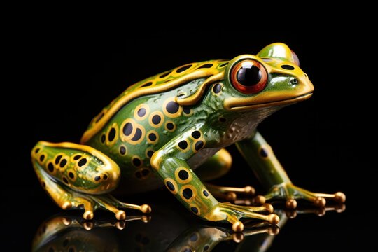  a green and yellow frog sitting on top of a black surface with a reflection of it's face on the frog's back end of the frog's legs.