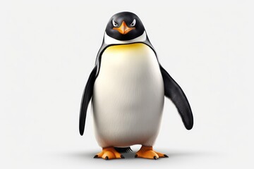 a penguin with a black and white face and a yellow beak is standing in front of a white background the penguin has a black and white face and orange beak.
