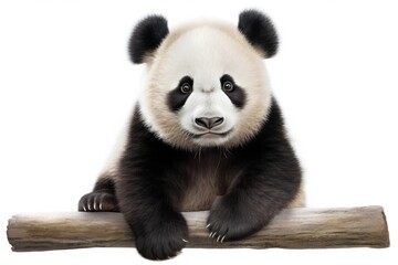  a black and white panda bear sitting on top of a tree branch with its paws on top of a piece of wood that has a log in front of it.