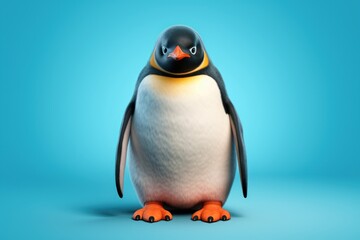 a penguin standing on a blue background with a black head and orange feet and an orange beak and a black head with a black nose and white head and a blue background.