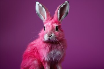  a pink rabbit is sitting in front of a purple background and looking at the camera with a serious look on it's face as if it's face.